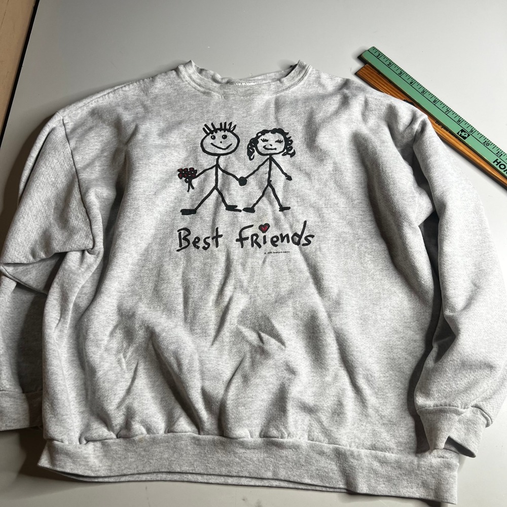 Vintage 1996 Tultex Best Friends Stick Figure Sweatshirt XL Heather Gray 90s